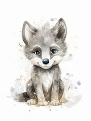 Obraz premium Watercolor Cute Wolf Cartoon Nursery Illustration Isolated on White Background. Colorful Digital Animal Art for Kids (1)