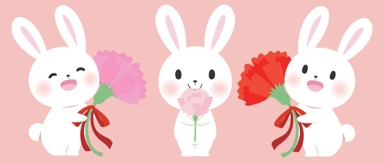 Lovely Rabbit take Carnation flower. Mother's day card decoration.