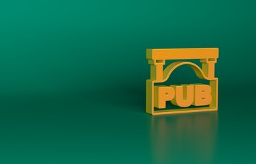 Orange Street signboard with inscription Pub icon isolated on green background. Suitable for advertisements bar, cafe, restaurant. Minimalism concept. 3D render illustration