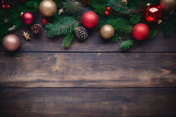 Fototapeta na wymiar Rustic Christmas background with fir branches and decoration on dark wooden boards with space for text, generative AI content.