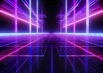 Fototapeta na wymiar Futuristic abstract blue and purple neon line light shapes on dark background. Laser show night club interior lighting, glowing line background or wallpaper. AI generated illustration.