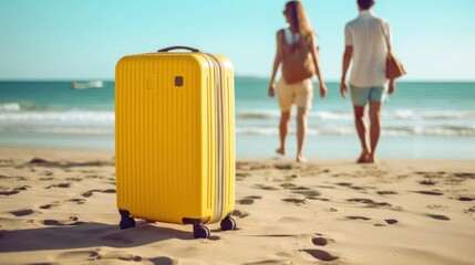 suitcase on the sand of the beach in summer with couple walking, generative ai