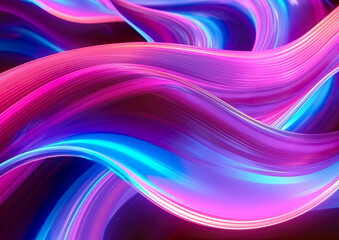 Futuristic abstract blue and purple neon waves light shapes on dark background. Laser show night club interior lighting, glowing line background or wallpaper. AI generated illustration.