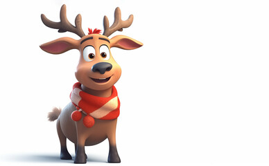 3D illustration of a cheerful young reindeer with playful expression, standing proudly. Its bright eyes and sprightly antlers make it ideal for holiday-themed projects or children's content.