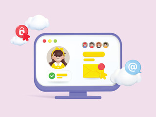 Website online social communication concept. Comment and Follower friends. Mail notification and Cloud data. 3D web cartoon vector Illustrations.