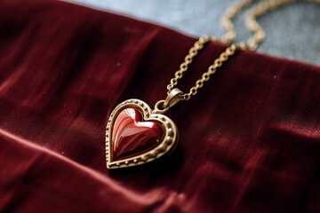 Fototapeta na wymiar Heart - shaped pendant necklace resting on a soft, velvet surface.