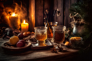 Christmas mulled wine with spices and fruits on a rustic wooden table, generative AI content.