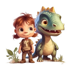 Cute Dino and kids. Transparent isolated background. AI generated