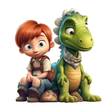 Cute Dino and kids. Transparent isolated background. AI generated