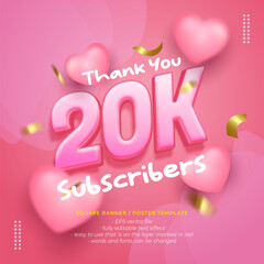 Vector pink square celebration banner for 20k followers with design poster or instagram posts