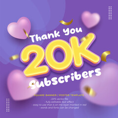 Vector purple square celebration banner for 20k followers with design poster or instagram posts