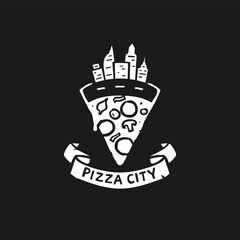 Pizza City double-meaning vector illustration hand-drawn style logo. Can be used for badges, signs, or prints.