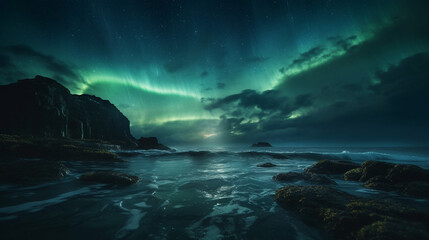 Aurora borealis under stormy ocean. Generative AI - obrazy, fototapety, plakaty