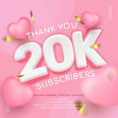 Vector soft pink square celebration banner for 20k followers with design poster or instagram posts