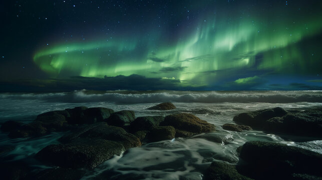 Aurora borealis under stormy ocean. Generative AI © Vika art