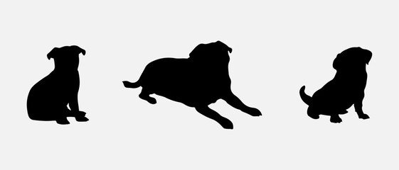 isolated black silhouette of a pug dog , vector collection