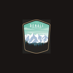 Emblem sticker patch logo illustration of Denali National Park on dark background