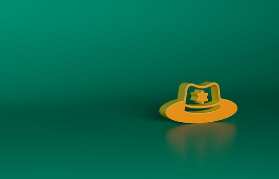 Orange Sheriff hat with badge icon isolated on green background. Minimalism concept. 3D render illustration