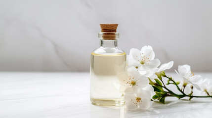 Close up oil bottle on white counter, ,organic essential drop extract from natural composition with copy space on white background, Generative AI