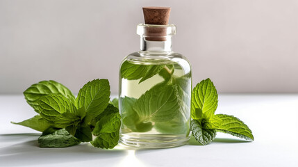 Close up oil bottle on white counter, ,organic essential drop extract from natural composition with copy space on white background, Generative AI
