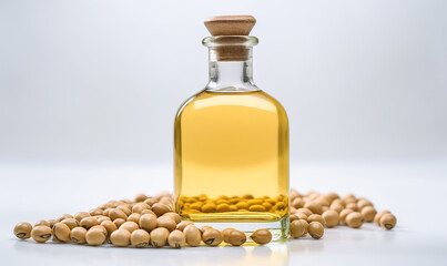 Close up soybean oil bottle on white counter, with soy beans ,organic essential drop extract from natural composition with copy space on white background, Generative AI