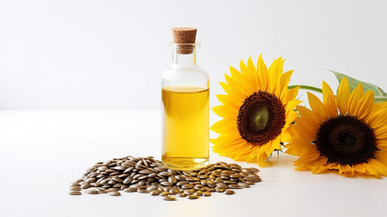 Close up sunflower oil bottle on white counter, with sun flower seeds ,organic essential drop extract from natural composition with copy space on white background, Generative AI