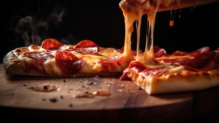 Freshly Baked Pizza Pepperoni Slice with Melting Cheese and Salami, Supreme Pizza Toppings and Ingredients. Hot melted cheese is stretching, close-up. Generative AI