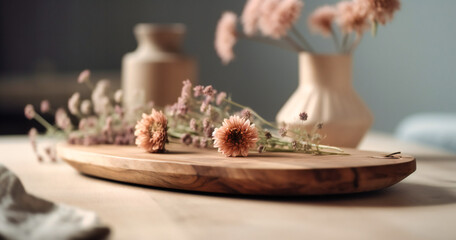 a wooden board with flowers are on table with white background