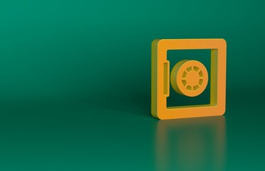 Orange Safe icon isolated on green background. The door safe a bank vault with a combination lock. Reliable Data Protection. Minimalism concept. 3D render illustration