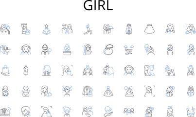 Girl line icons collection. Production, Assembly, Manufacturing, Parts, Quality, Vehicles, Efficiency vector and linear illustration. Inventory,Maintenance,Workforce outline signs set
