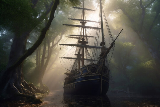 Mysterious Old Ship Sailing Through Wild Jungle Waters