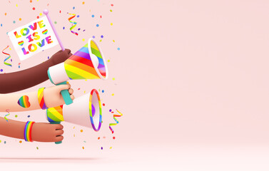 Pride festive flyer background with multi ethnic hands, flag, megaphones and copy space for LGBTQIA+ Pride month, love diversity celebration and the fight for human rights in 3D illustration