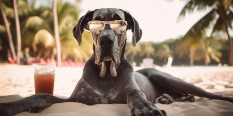Great Dane dog is on summer vacation at seaside resort and relaxing rest on summer beach of Hawaii Generative AI - obrazy, fototapety, plakaty