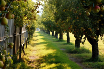 Naklejka premium organic, pesticide free apple trees in an orchard, bearing fruit, Generative AI