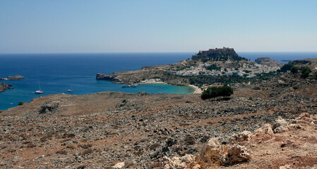 Fototapeta na wymiar Lindos beach and acropolis in Rhodes island, Greece