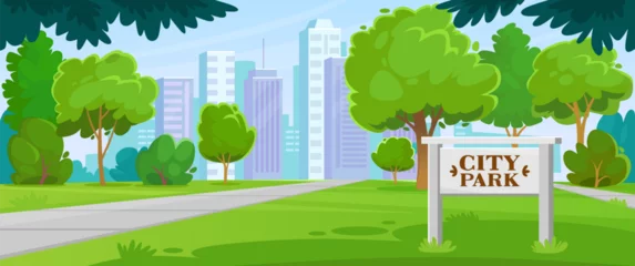 Poster City park with entrance sign in landscape view. Public garden in beautiful summer weather with green grass, trees, buildings on the horizon and no people. Cartoon style vector background. © Microstocker.Pro