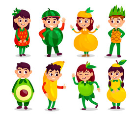 Vector illustration set of kids in fruit costumes isolated on white. Collection with cute cartoon characters dressed as an apple, strawberry, watermelon, peach, avocado, pear, pineapple and banana