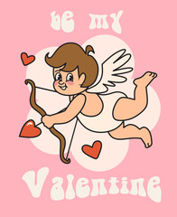 Vector illustration of a vintage Valentine's Day greeting card with a cute Cupid with wings holding a bow and a heart-shaped arrow on pink background. Romantic banner design in retro style.