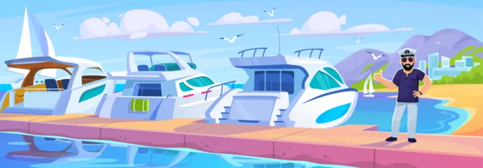 Zelfklevend Fotobehang Vector illustration of a yacht club marina landscape. A captain on a pier in flat cartoon style. Sea travel and fishing background design. Beautiful coastal scene with ships in a sailing school. © Microstocker.Pro