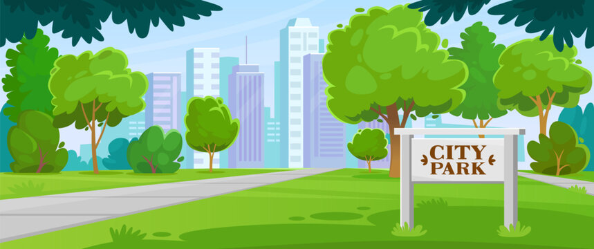 City park with entrance sign in landscape view. Public garden in beautiful summer weather with green grass, trees, buildings on the horizon and no people. Cartoon style vector background.