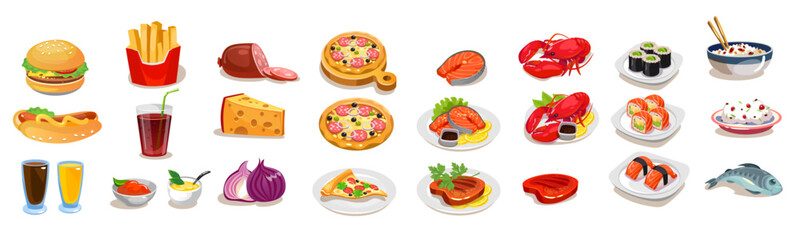 Fast food icons set. Cartoon style vector food items: a hamburger, pizza, sushi, lobster, steak, and french fries, isolated on white background. Perfect for a restaurant menu, cafe or game design.