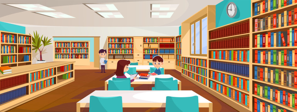 Cartoon-style vector illustration of a group of kids during storytime in a library or bookstore. A bookshelf filled with books and a little boy and girl sitting and reading or studying together