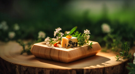 a square wooden dish with green leaves and flowers