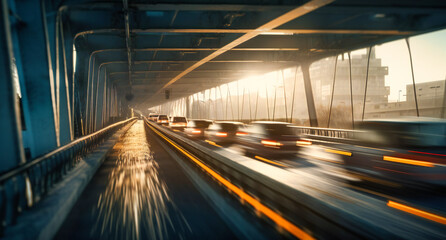 Fototapeta na wymiar blurry image of traffic traveling by on an overhanging bridge