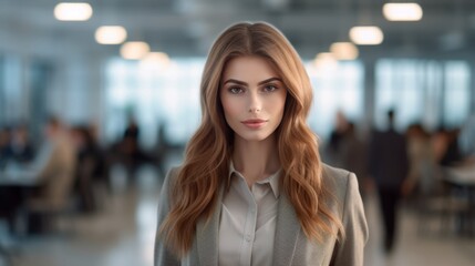 A confident brunette businesswoman stands tall in her office, radiating an air of professionalism and determination.. Generative AI.