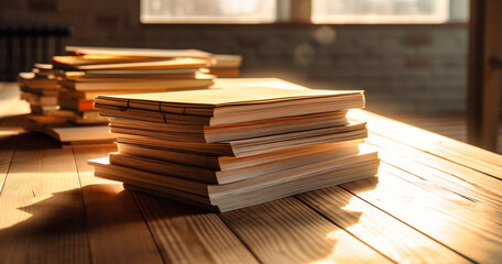 a stack of empty notebooks on the wooden table