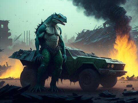 Reptilian alien during an earth invasion; depiction of a reptilian attacking earth and destroying cities. Military convoy, all terrain vehicles operation, extraterrestrials in a mission