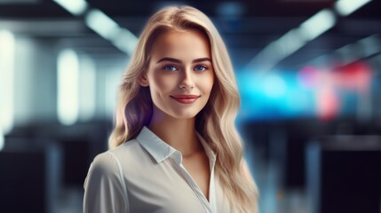 A blond IT technician poses confidently in a server room, taking a brief pause from her maintenance work. Generative AI.