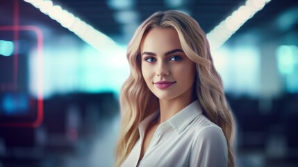 A blond IT technician poses confidently in a server room, taking a brief pause from her maintenance work. Generative AI.