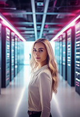 A blond IT technician poses confidently in a server room, taking a brief pause from her maintenance work. Generative AI.